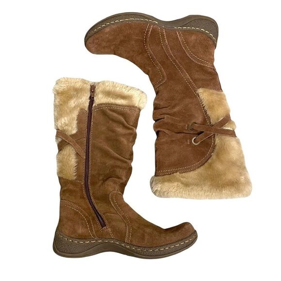 BARETRAPS Eventura Moccasin Style Suede Winter Boots Faux Fur Boho Brown Cream 7 - Picture 2 of 11